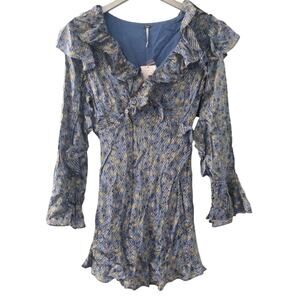 Free People Sweetest Thing Long Sleeve V Neck Dress Blue Floral NEW